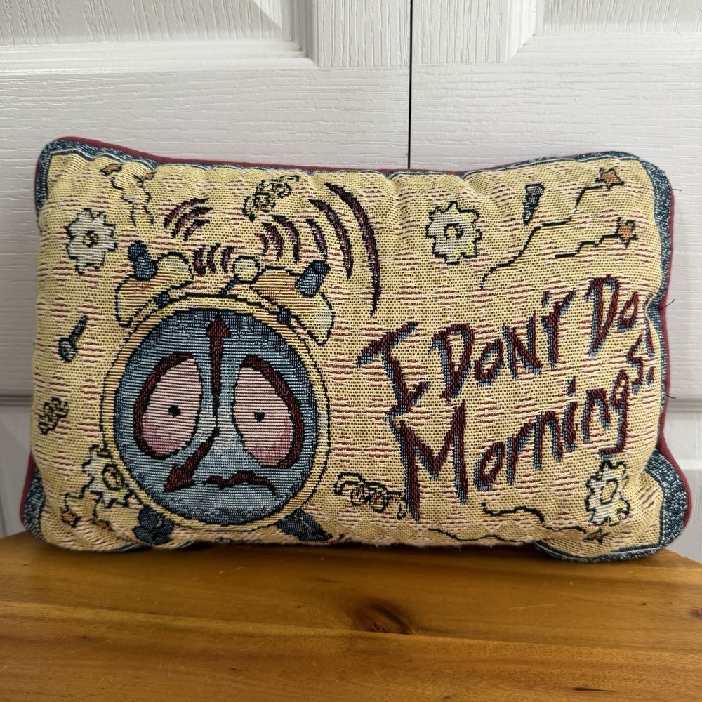 Vintage Tapestry Needlepoint I Don't Do Mornings Alarm Clock Pillow Cottage Gift